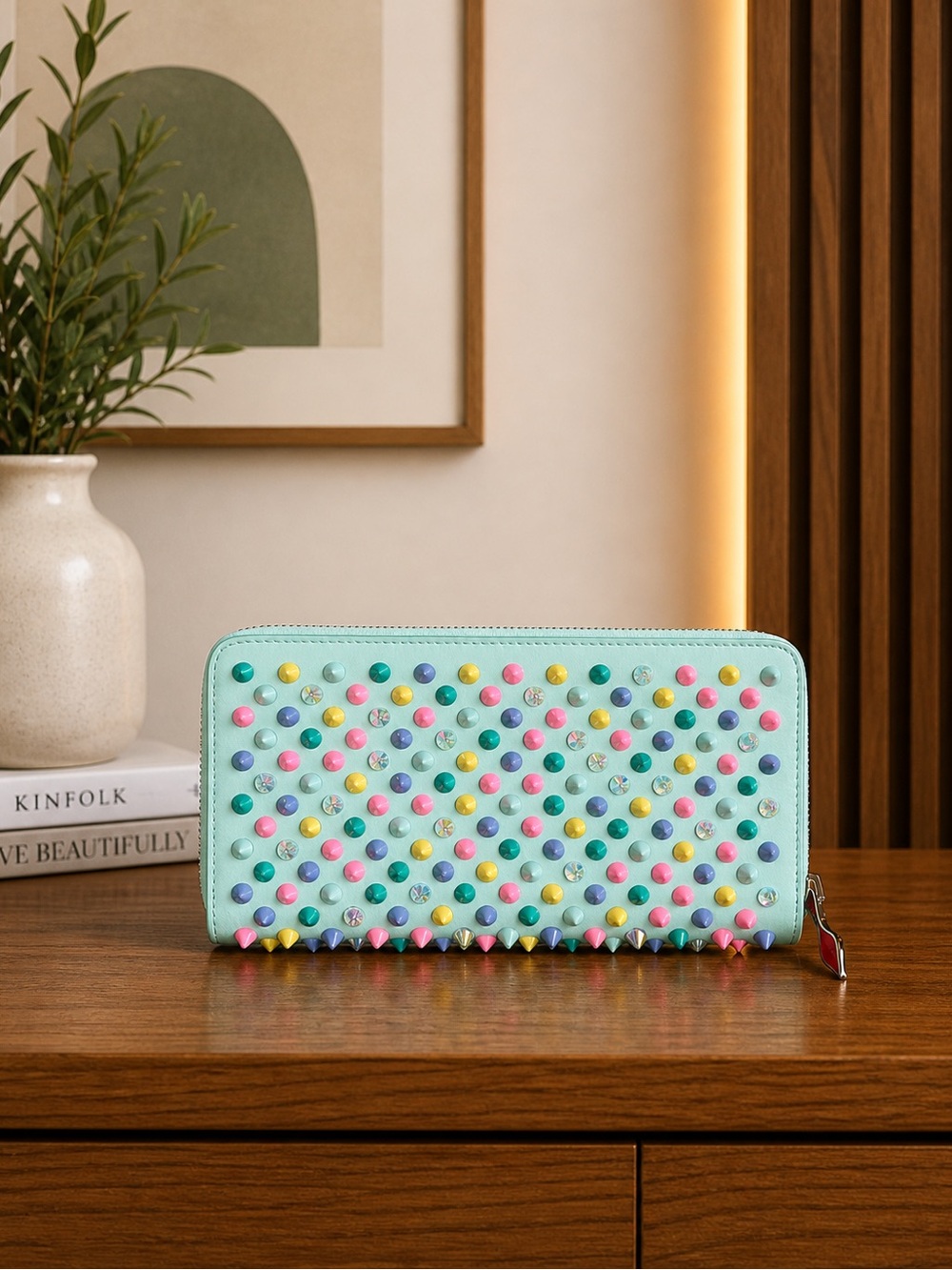 Christian Louboutin Panettone Mint Multicolor Stud Zip-Around Wallet - Picture 2 of 9